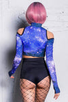 Crop Top - Devil Walking - Blue Galaxy Cold Shouler