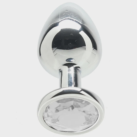 Anal Plug - Ouch! - Silver Metal Clear Round Gem Medium